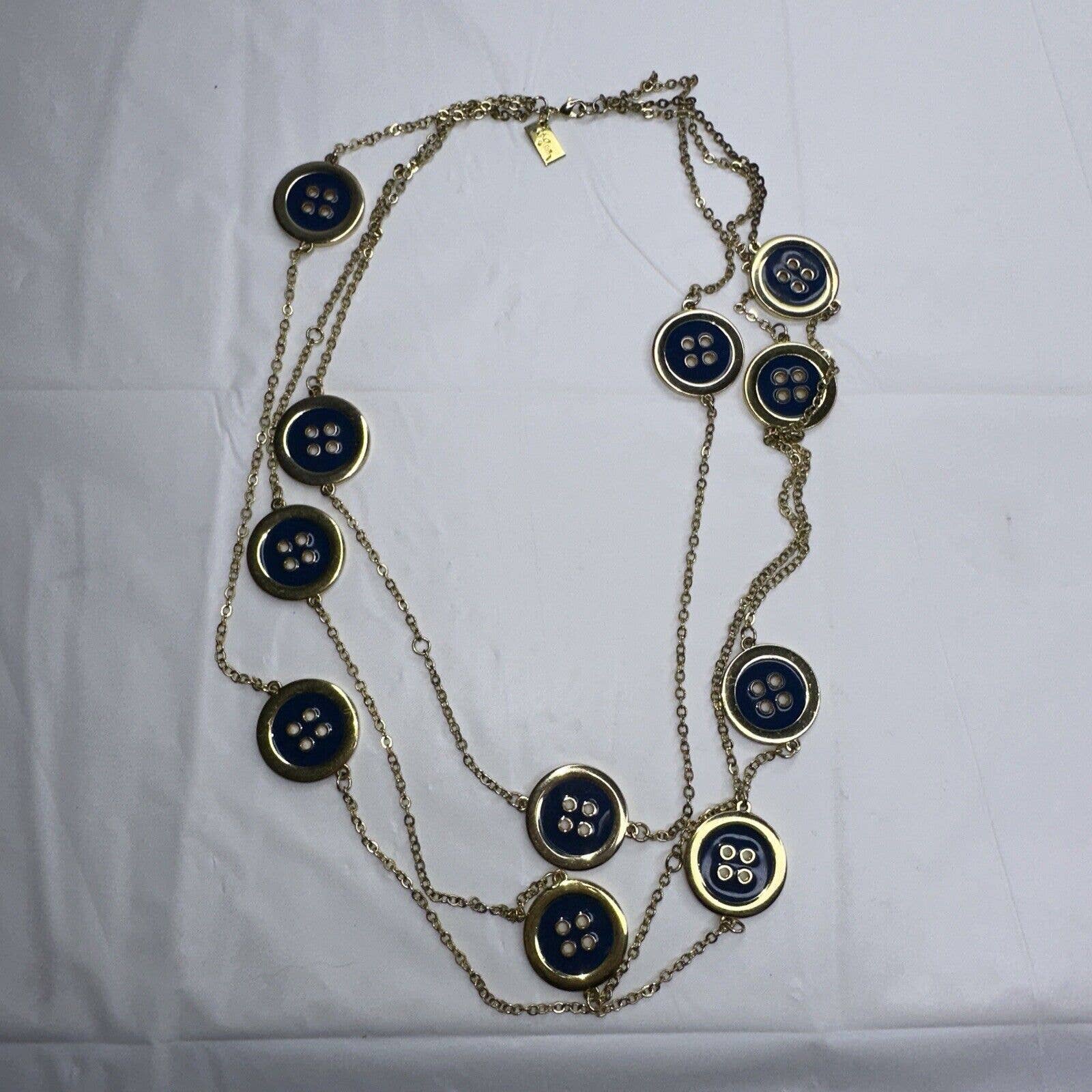 Lilly Pulitzer Necklace Gold Tone Chain Blue Button Medallions 3 Strand 26"